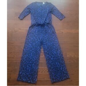 Chicos Travelers Jumpsuit Medium Blue Black Leopard Print